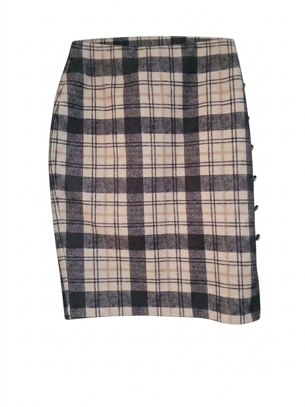 Plaid Pencil Skirt in Cream and Black with Side Buttons
